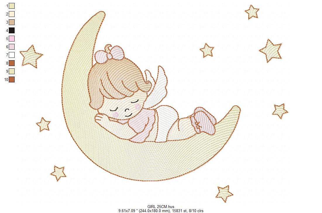 Angel embroidery designs - Girl in the moon embroidery design machine embroidery pattern - Angel sleeping in moon embroidery file download