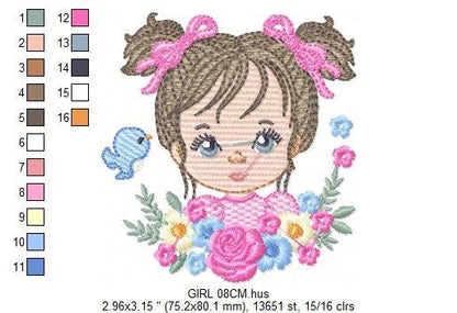 Girl embroidery designs - Flower girl embroidery design machine embroidery pattern - girl with flowers embroidery file butterfly embroidery