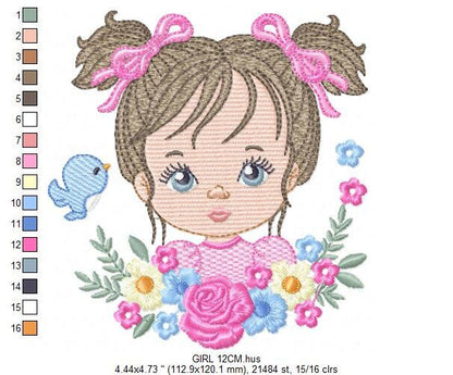 Girl embroidery designs - Flower girl embroidery design machine embroidery pattern - girl with flowers embroidery file butterfly embroidery