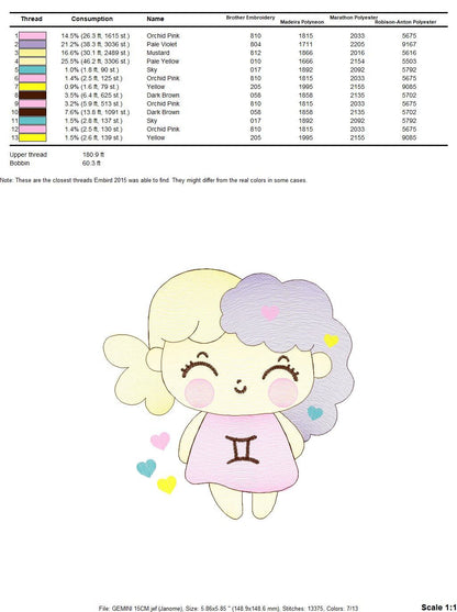 Gemini girl embroidery designs - Zodiac Signs embroidery design machine embroidery pattern - Pixie embroidery file - Gemini Zodiac Sign pes - Marcia Embroidery
