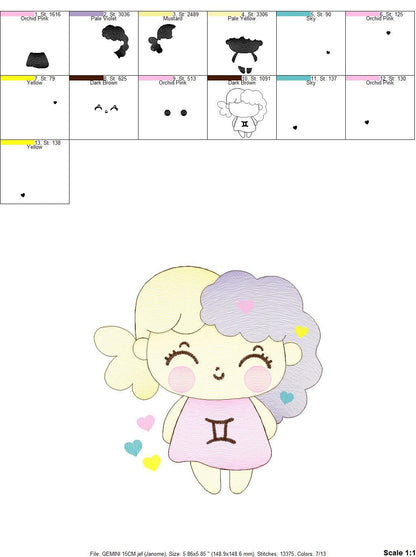 Gemini girl embroidery designs - Zodiac Signs embroidery design machine embroidery pattern - Pixie embroidery file - Gemini Zodiac Sign pes - Marcia Embroidery