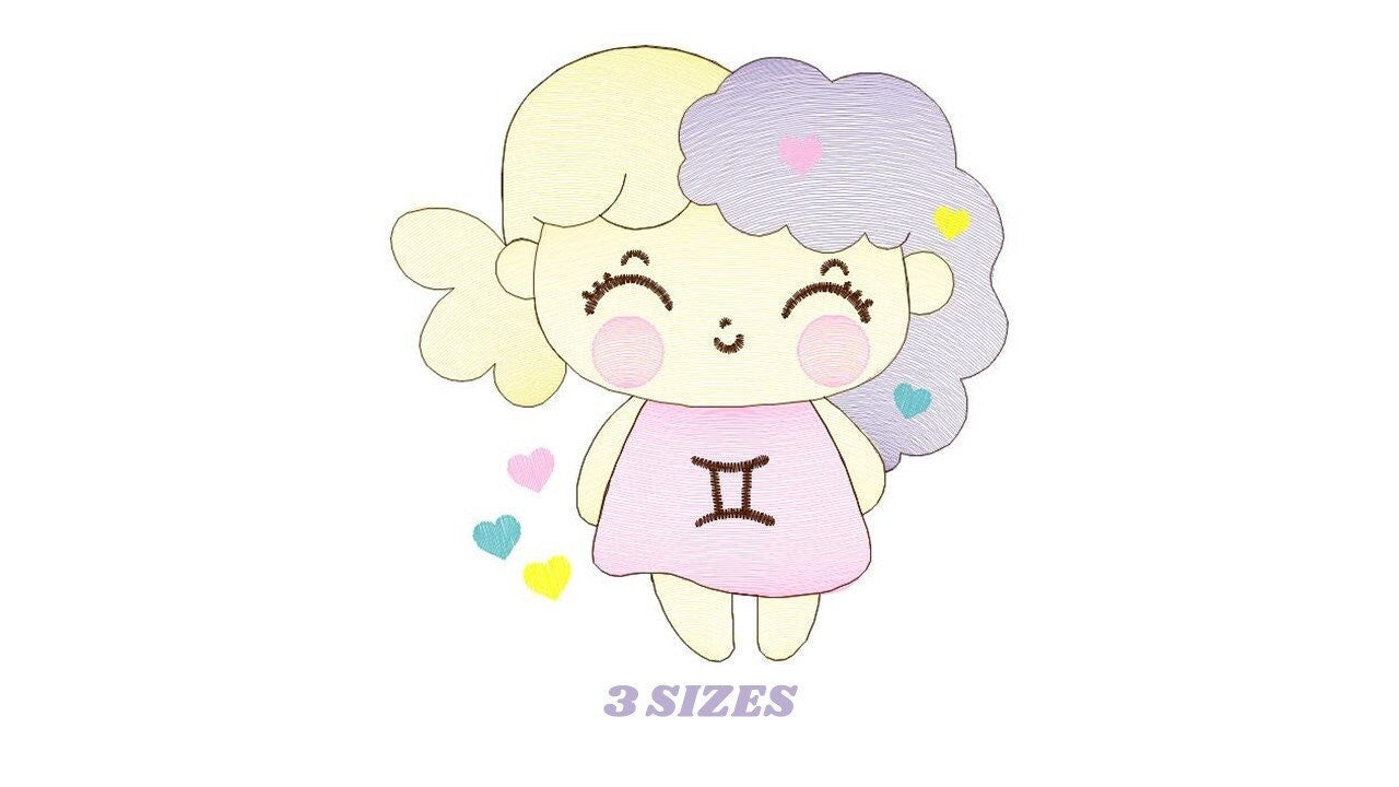 Gemini girl embroidery designs - Zodiac Signs embroidery design machine embroidery pattern - Pixie embroidery file - Gemini Zodiac Sign pes - Marcia Embroidery