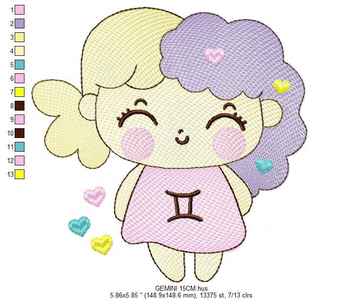 Gemini girl embroidery designs - Zodiac Signs embroidery design machine embroidery pattern - Pixie embroidery file - Gemini Zodiac Sign pes - Marcia Embroidery