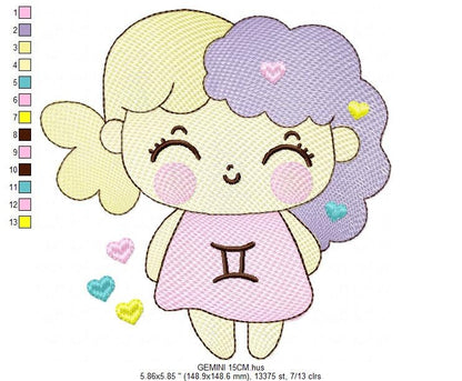 Gemini girl embroidery designs - Zodiac Signs embroidery design machine embroidery pattern - Pixie embroidery file - Gemini Zodiac Sign pes - Marcia Embroidery