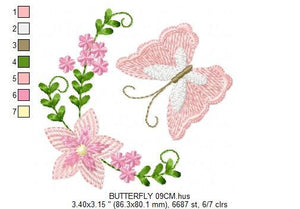 Butterfly corner embroidery design - Delicate Flowers embroidery designs machine embroidery pattern - Tea towel embroidery file - download