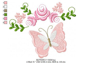 Butterfly corner embroidery design - Delicate Flowers embroidery designs machine embroidery pattern - Tea towel embroidery file - download