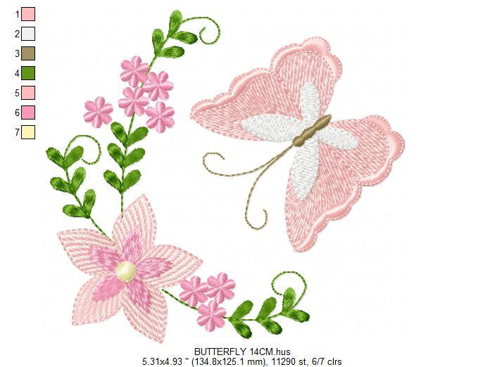 Butterfly corner embroidery design - Delicate Flowers embroidery designs machine embroidery pattern - Tea towel embroidery file - download Marcia Embroidery