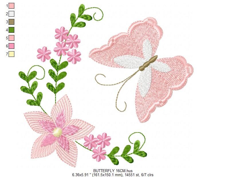 Butterfly corner embroidery design - Delicate Flowers embroidery designs machine embroidery pattern - Tea towel embroidery file - download Marcia Embroidery