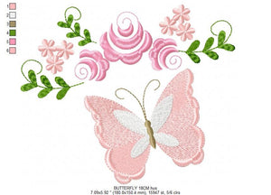 Butterfly corner embroidery design - Delicate Flowers embroidery designs machine embroidery pattern - Tea towel embroidery file - download