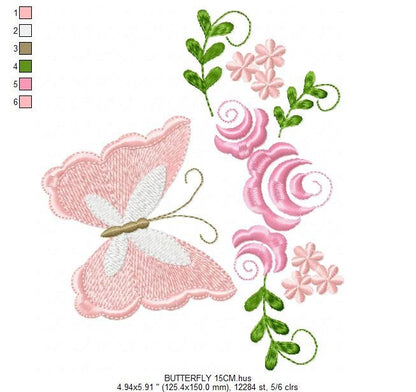 Butterfly corner embroidery design - Delicate Flowers embroidery designs machine embroidery pattern - Tea towel embroidery file - download Marcia Embroidery