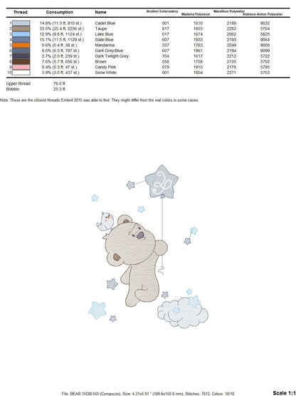 Bear with balloon embroidery designs - Bear embroidery design machine embroidery pattern - Animal embroidery file - Baby boy embroidery pes Marcia Embroidery
