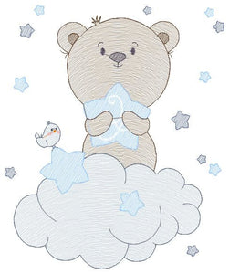 Bear embroidery designs - Bear with star embroidery design machine embroidery pattern - Cute sweet boy bear with cloud - instant download