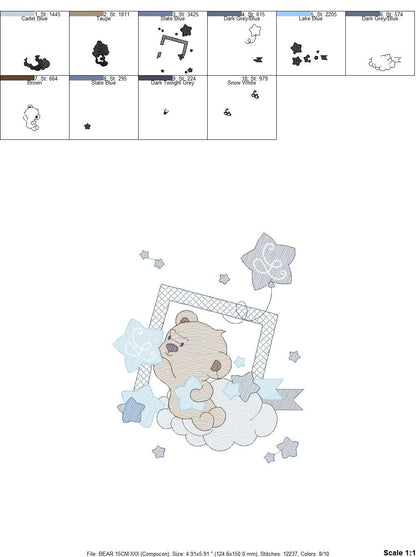 Bear embroidery designs - Cloud and stars embroidery design machine embroidery pattern - Baby boy embroidery file instant download pes jef Marcia Embroidery