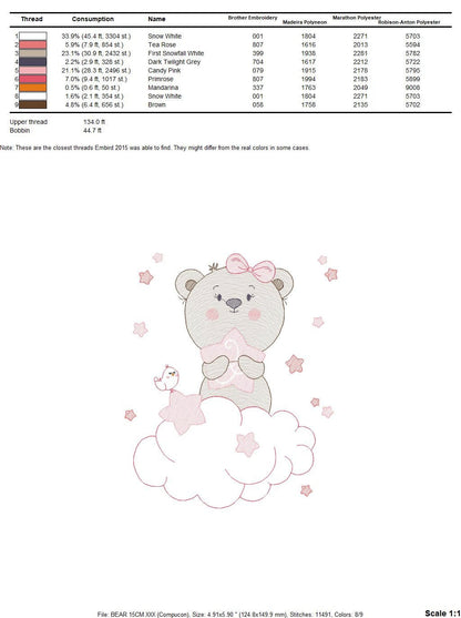 Teddy Bear with stars embroidery designs - Baby girl embroidery design machine embroidery pattern - Bear with cloud - instant download pes Marcia Embroidery