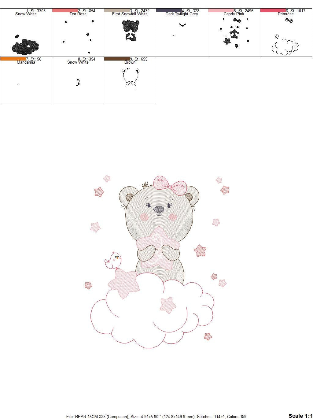 Teddy Bear with stars embroidery designs - Baby girl embroidery design machine embroidery pattern - Bear with cloud - instant download pes Marcia Embroidery