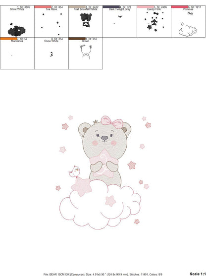 Teddy Bear with stars embroidery designs - Baby girl embroidery design machine embroidery pattern - Bear with cloud - instant download pes Marcia Embroidery