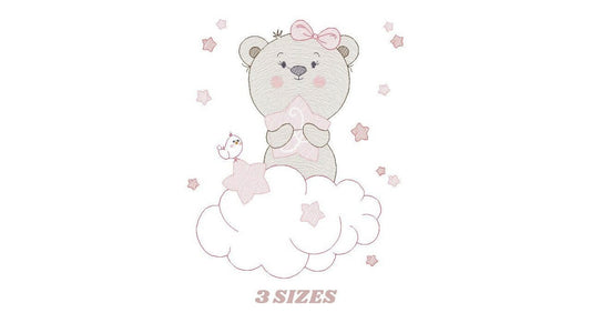 Teddy Bear with stars embroidery designs - Baby girl embroidery design machine embroidery pattern - Bear with cloud - instant download pes