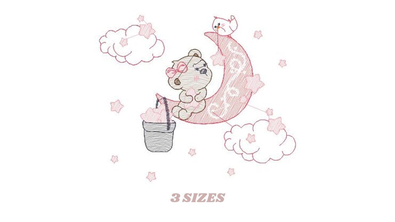Bear embroidery designs - Moon embroidery design machine embroidery pattern - Bear rippled stitch design - Teddy embroidery Moon embroidery Marcia Embroidery