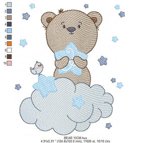 Bear embroidery designs - Bear with star embroidery design machine embroidery pattern - Cute sweet boy bear with cloud - instant download