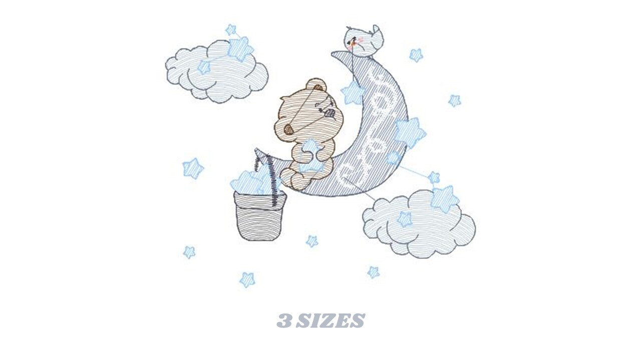 Bear embroidery designs - Moon embroidery design machine embroidery pattern - bear filled stitch design - Teddy embroidery Moon embroidery - Marcia Embroidery