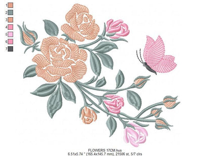 Butterfly embroidery design - Delicate Flowers embroidery designs machine embroidery pattern - Kitchen Towel embroidery file - pes download