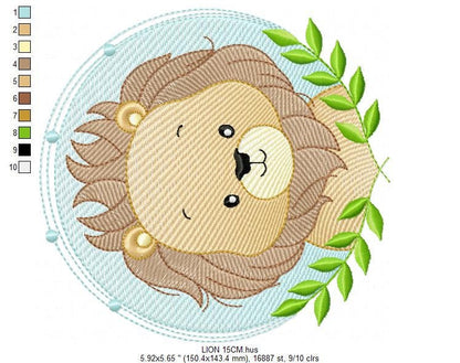 Lion face embroidery designs - Lion with laurel frame machine embroidery pattern - Safari wild animal file - Instant digital download pes Marcia Embroidery