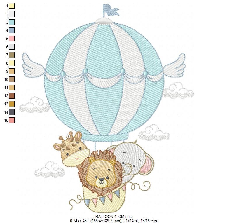 Animal embroidery designs - Hot air balloon embroidery design machine embroidery pattern - Safari embroidery file - Elephant Giraffe Fox pes