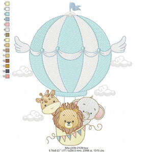Animal embroidery designs - Hot air balloon embroidery design machine embroidery pattern - Safari embroidery file - Elephant Giraffe Fox pes
