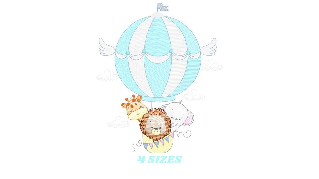 Animal embroidery designs - Hot air balloon embroidery design machine embroidery pattern - Safari embroidery file - Elephant Giraffe Fox pes