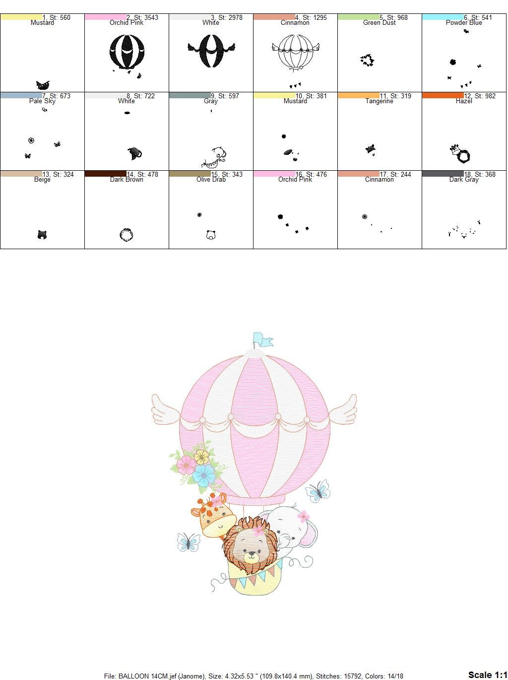 Animal embroidery designs - Hot air balloon embroidery design machine embroidery pattern - Safari embroidery file - Elephant Giraffe Fox pes