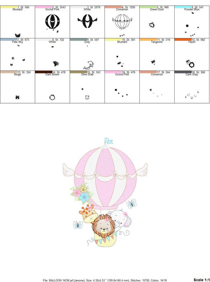 Animal embroidery designs - Hot air balloon embroidery design machine embroidery pattern - Safari embroidery file - Elephant Giraffe Fox pes