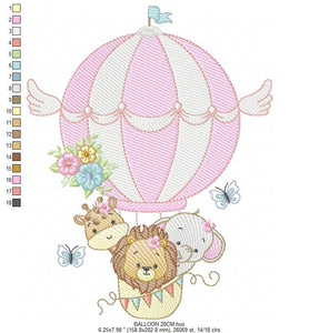 Animal embroidery designs - Hot air balloon embroidery design machine embroidery pattern - Safari embroidery file - Elephant Giraffe Fox pes