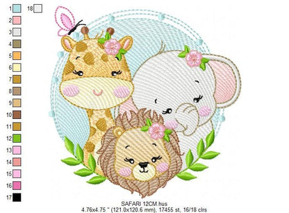 Female Safari animal embroidery designs - Lion Elephant and Giraffe machine embroidery pattern - Baby Girl and Boy file - Instant digital download pes jeft dst