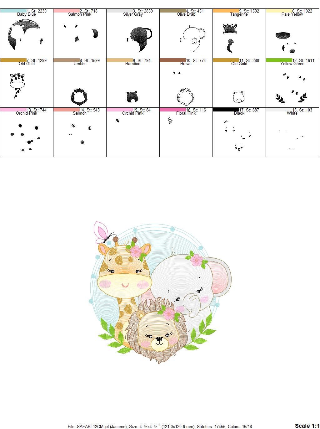 Female Safari animal embroidery designs - Lion Elephant and Giraffe machine embroidery pattern - Baby Girl and Boy file - Instant digital download pes jeft dst
