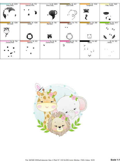 Female Safari animal embroidery designs - Lion Elephant and Giraffe machine embroidery pattern - Baby Girl and Boy file - Instant digital download pes jeft dst
