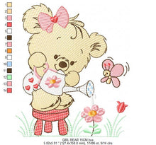Load image into Gallery viewer, Female Bear embroidery designs - Baby girl embroidery design machine embroidery pattern - Bear with butterfly embroidery file - digital file
