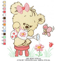 Charger l&#39;image dans la galerie, Female Bear embroidery designs - Baby girl embroidery design machine embroidery pattern - Bear with butterfly embroidery file - digital file
