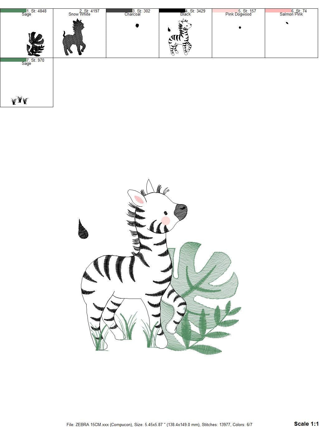 Zebra embroidery designs - Safari Wild Animal machine embroidery pattern - Tropical Plant file - Instant digital download pes jef dst hus