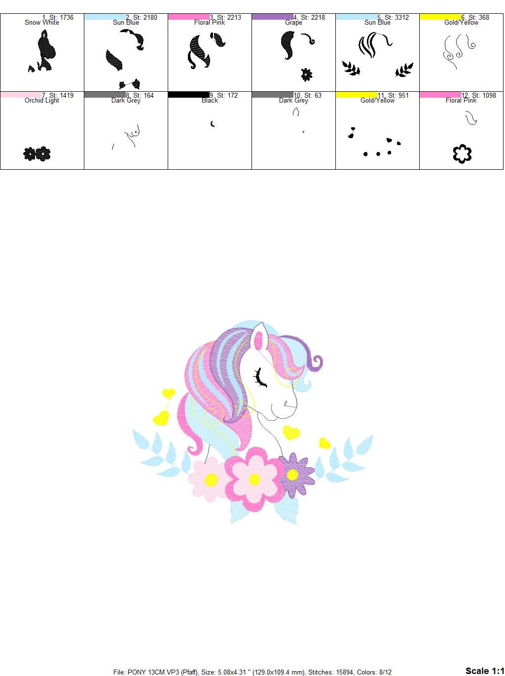Pony embroidery design - Female Horse embroidery designs machine embroidery pattern - Pony with flowers file - Girl instant download pes jef Marcia Embroidery