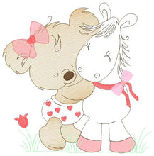 Charger l&#39;image dans la galerie, Animal Bear embroidery designs - Baby girl embroidery design machine embroidery pattern - Bear with horse embroidery file - instant download
