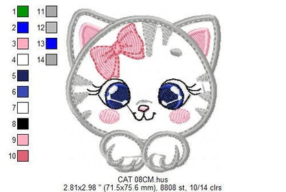 Cat embroidery design - Cat face peek a boo embroidery designs machine embroidery pattern - Pet embroidery file - Cat applique pes design Marcia Embroidery