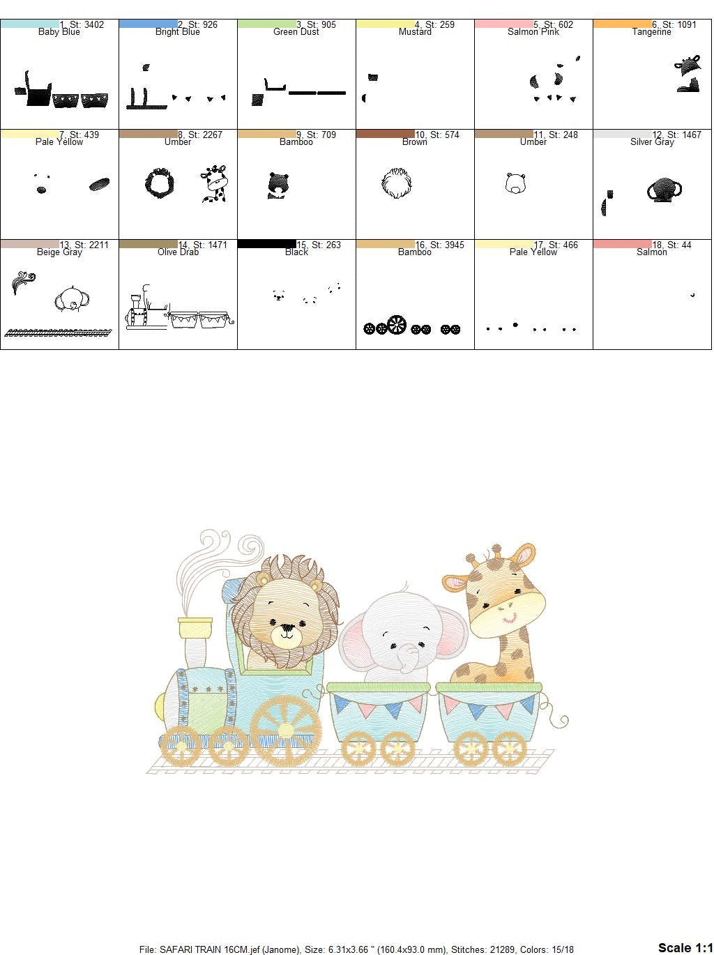 Safari embroidery designs - Animals embroidery design machine embroidery pattern - Train embroidery file - lion elephant giraffe animal pes