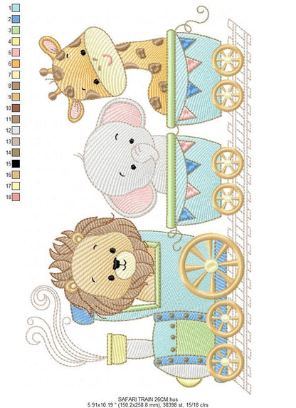 Safari embroidery designs - Animals embroidery design machine embroidery pattern - Train embroidery file - lion elephant giraffe animal pes