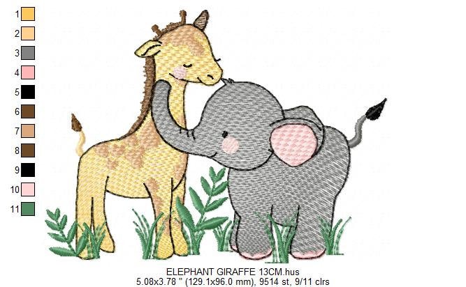 Safari wild animals embroidery designs - Giraffe and Elephant machine embroidery pattern - Baby Boy File - Instant digital download pes jef