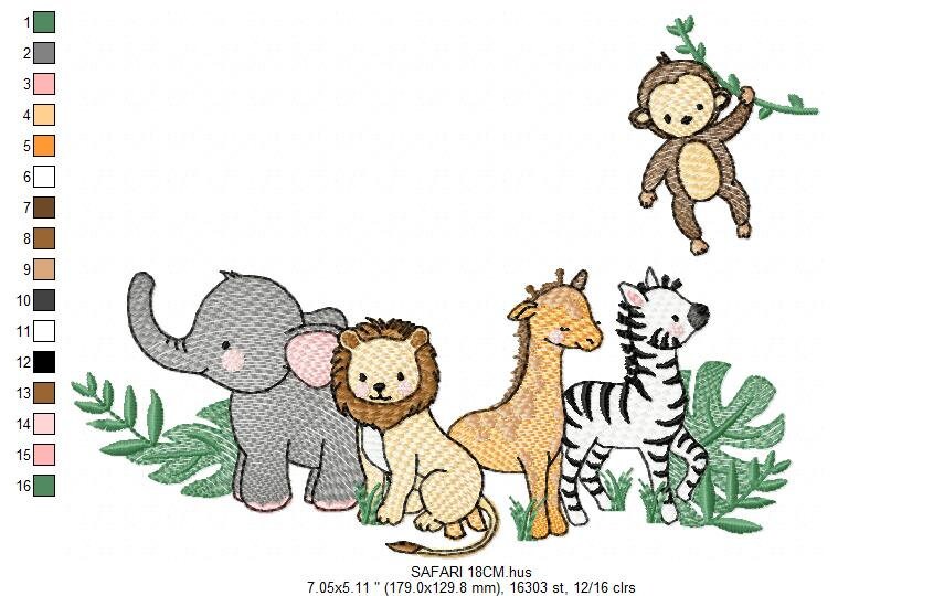 Safari embroidery designs - Animals embroidery design machine embroidery pattern - Elephant embroidery file - Zebra Monkey Giraffe Lion pes Marcia Embroidery