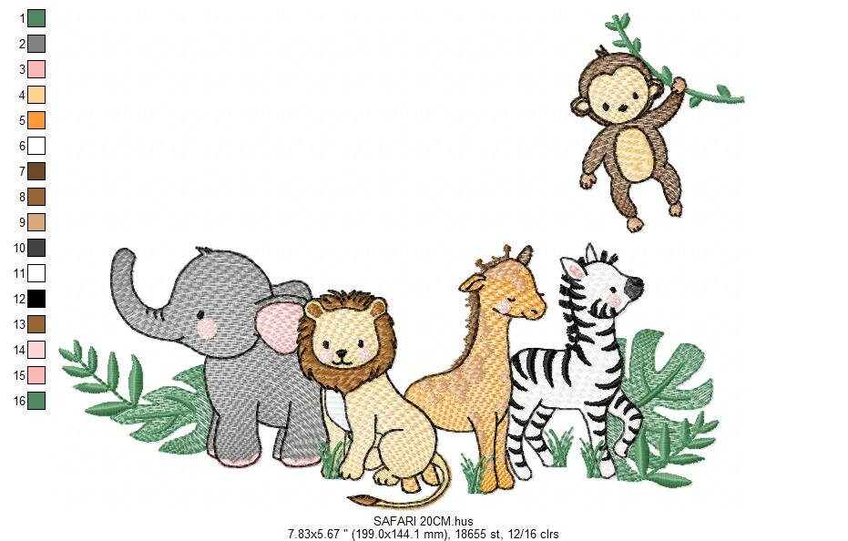 Safari embroidery designs - Animals embroidery design machine embroidery pattern - Elephant embroidery file - Zebra Monkey Giraffe Lion pes Marcia Embroidery
