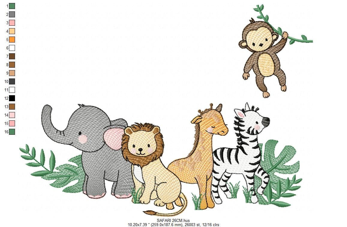 Safari embroidery designs - Animals embroidery design machine embroidery pattern - Elephant embroidery file - Zebra Monkey Giraffe Lion pes Marcia Embroidery
