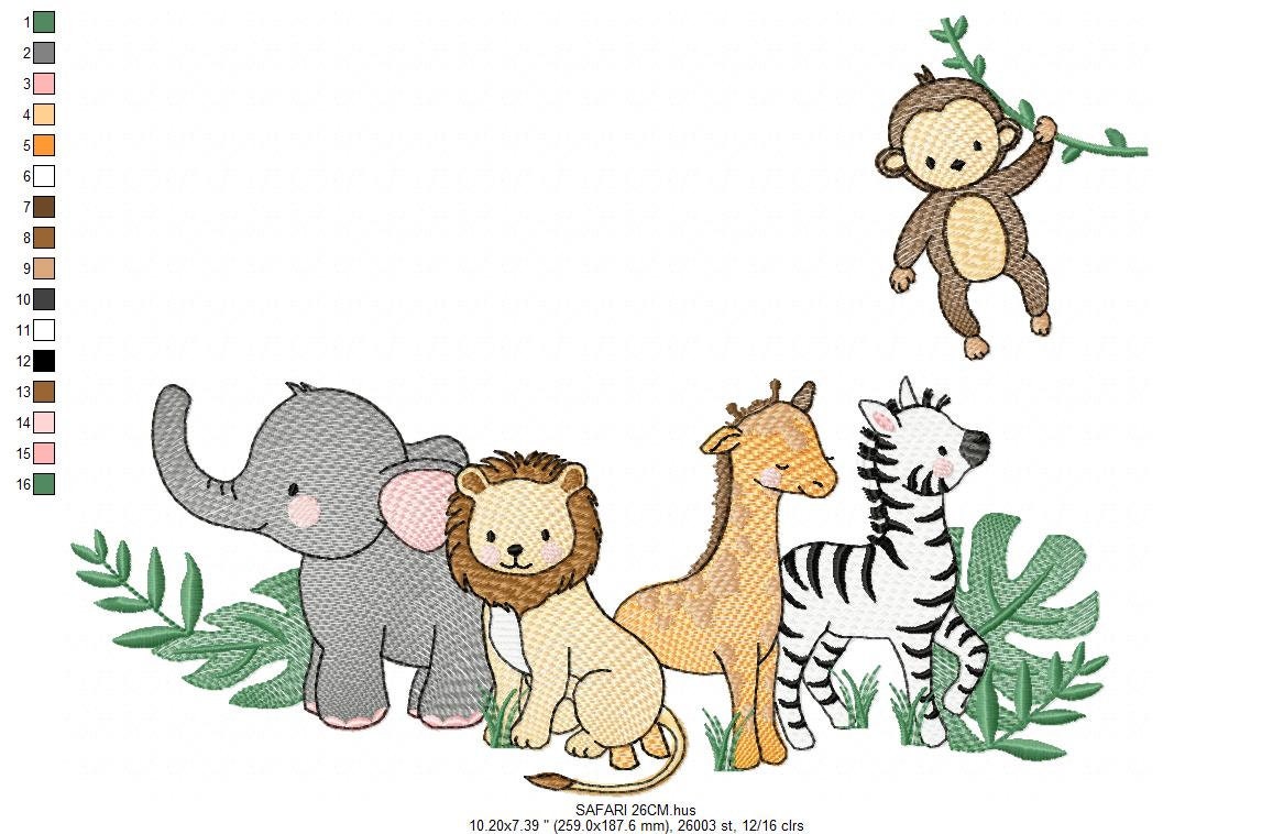 Safari embroidery designs - Animals embroidery design machine embroidery pattern - Elephant embroidery file - Zebra Monkey Giraffe Lion pes