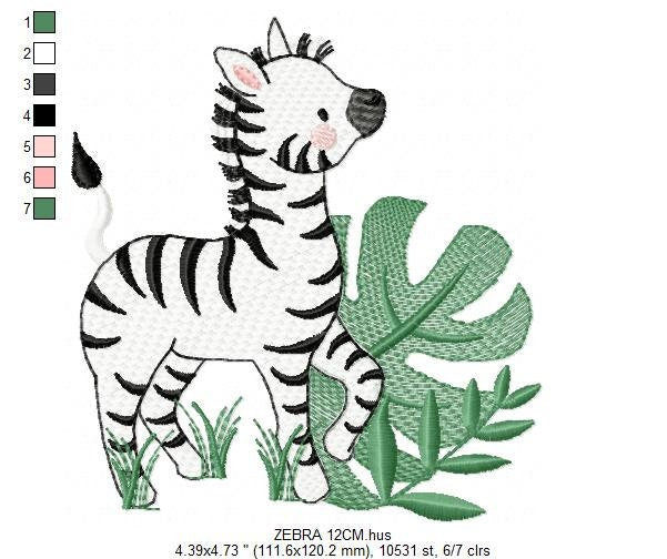 Zebra embroidery designs - Safari Wild Animal machine embroidery pattern - Tropical Plant file - Instant digital download pes jef dst hus