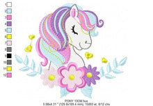 Cargar imagen en el visor de la galería, Pony embroidery design - Female Horse embroidery designs machine embroidery pattern - Pony with flowers file - Girl instant download pes jef
